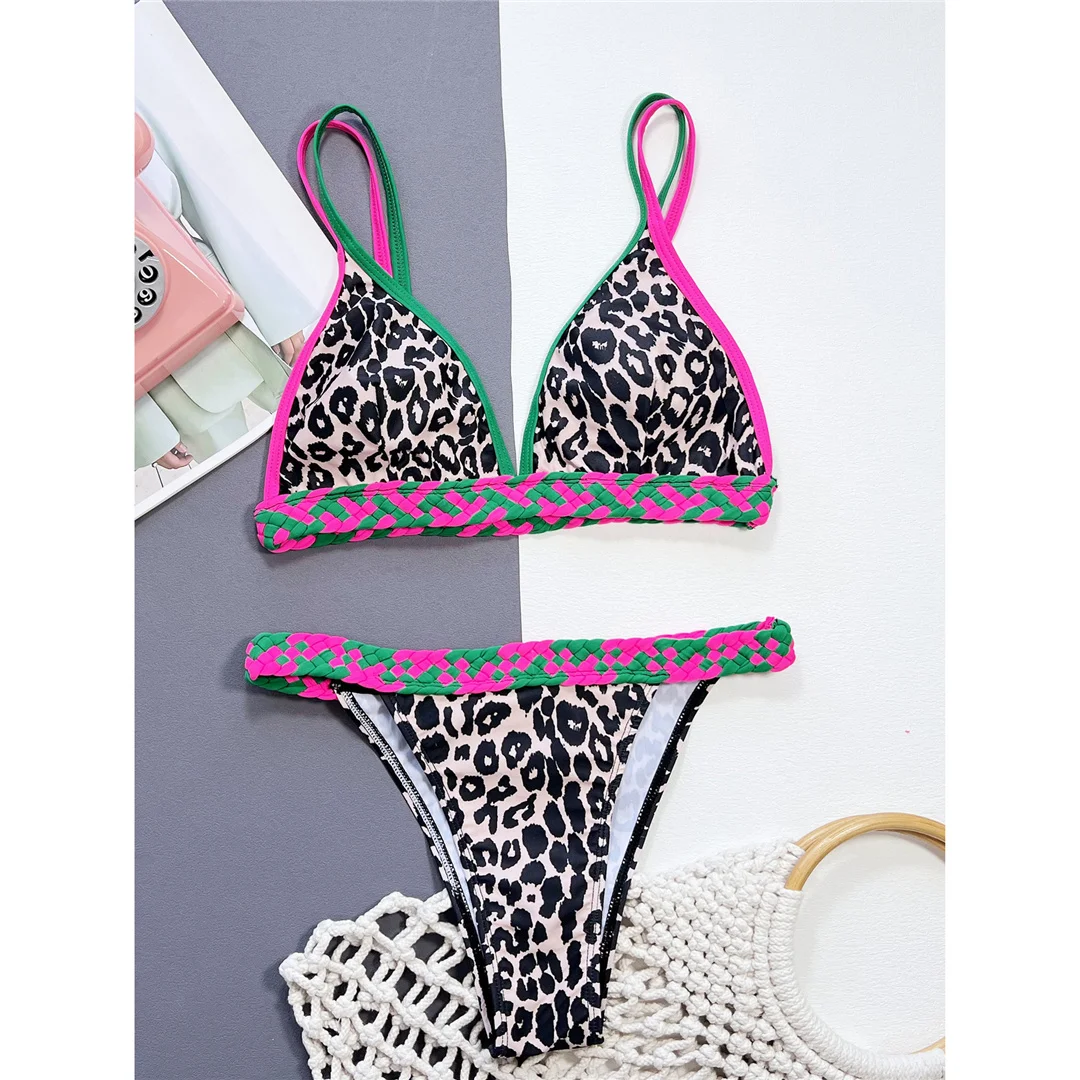 Leopardmuster, Patchwork-Design, hoch geschnittener Bikini, Damen-Badeanzug, zweiteiliges Bikini-Set, Badebekleidung, Badeanzug, Modell V5836. – Detail 10