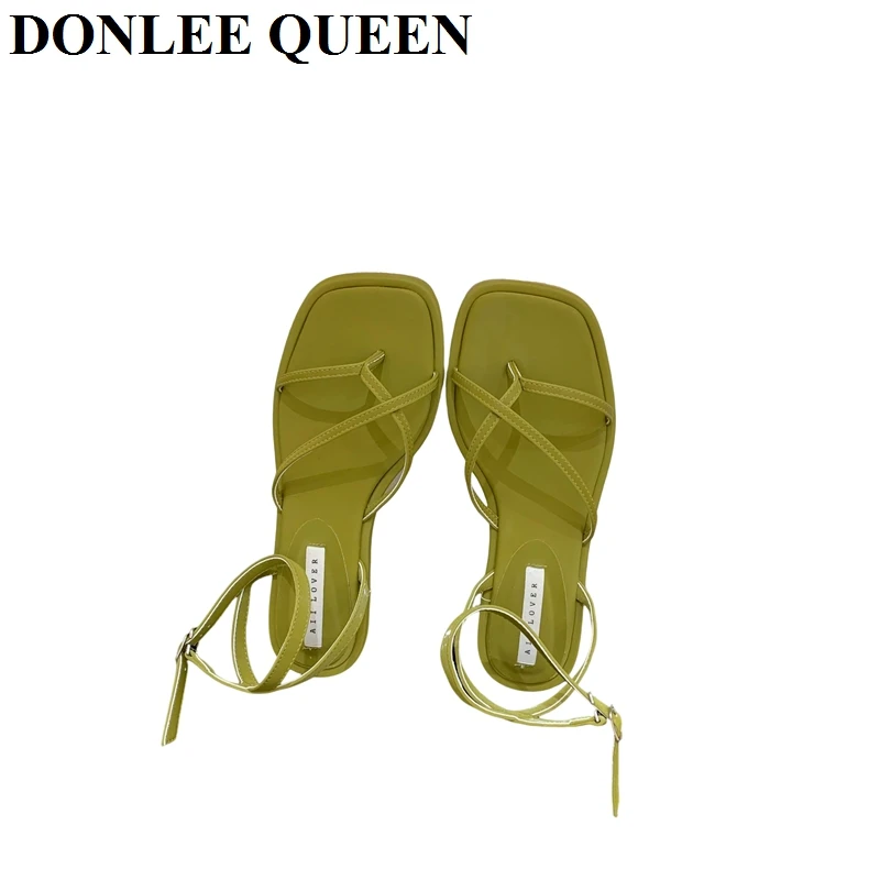 2023 New Summer Women Sandals Fashion Square Toe Flat Heel Ankle Strap Shoes Narrow Band Casual Slides Green Sliver Female Mujer