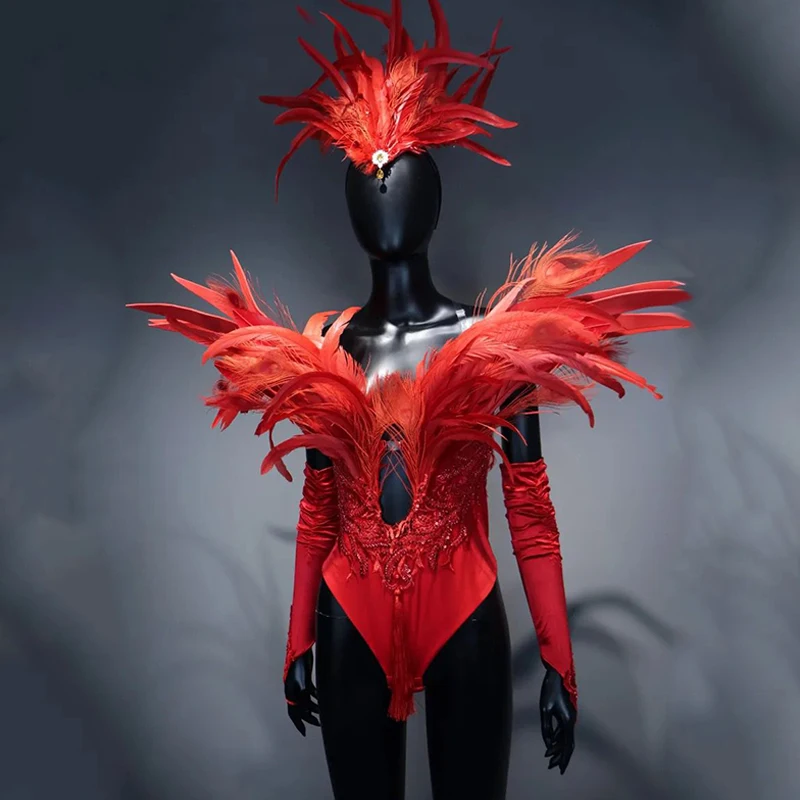 Carnival Festival Outfit Women Red Feather Jumpsuit Club Dancer Costume Gogo Nightclub Bodysuit Party Show Rave Dance Wear 2541