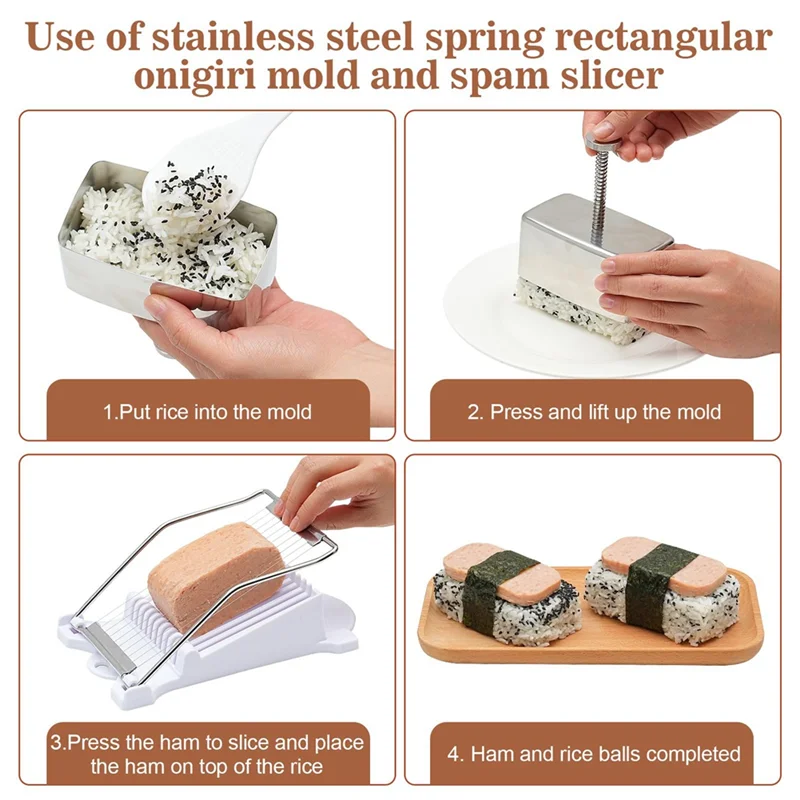 【A06R】Onigiri Mold Set Stainless Steel Musubi Mold With Slicer And Triangle Rice Ball Mold And Rice Spoon Musubi Press Mold