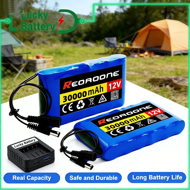 Batteria agli ioni di litio portatile ad alta capacità, con sistema di gestione della batteria (BMS) 3S2P, 30000 mAh, 12 V, celle 18650, con funzioni di monitoraggio, audio, luci a LED e
