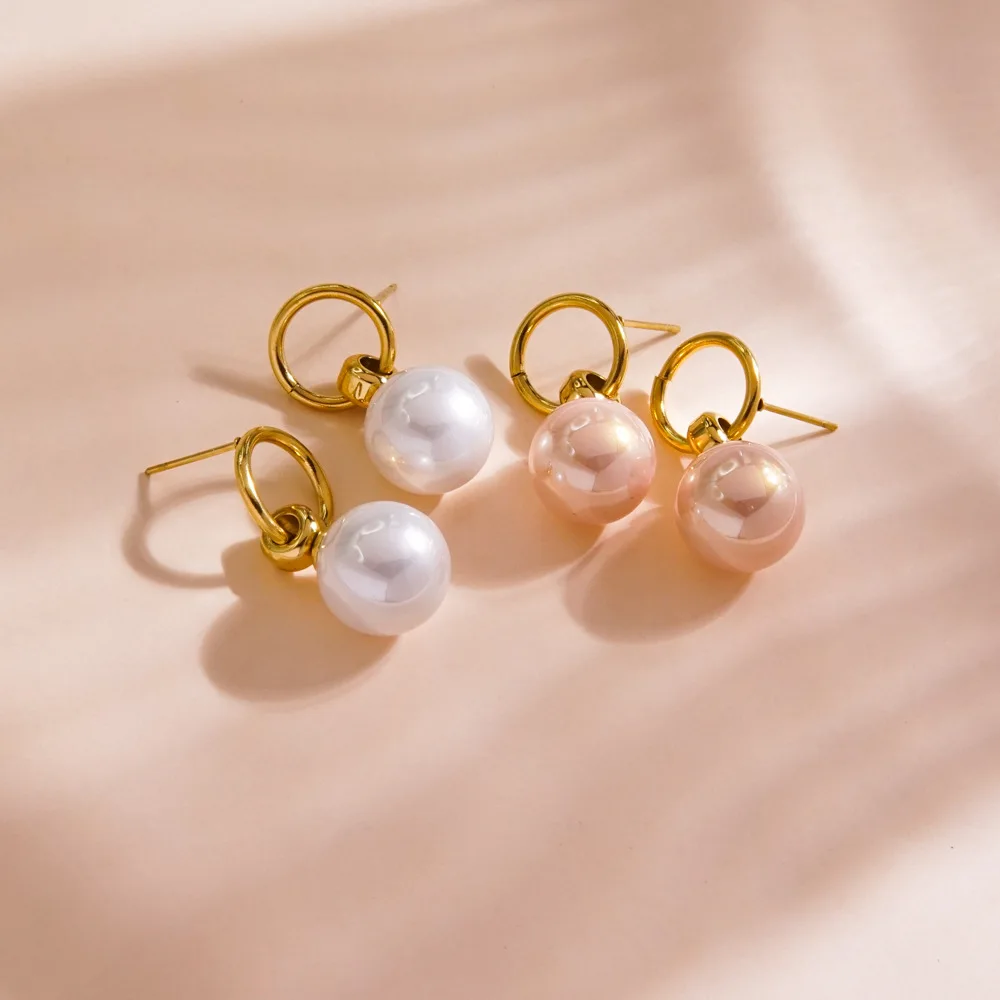 Fashionable Small Cute Pink White Pearl Stud Drop Earrings Women Stainless Steel Gold Plated Jewelry Earrings