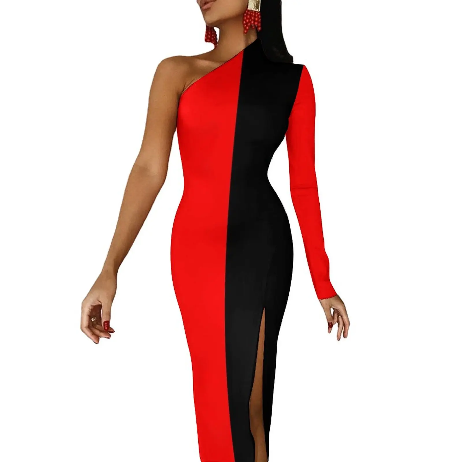 Two Tone Maxi Dress Long Sleeve Red and Black Kawaii Bodycon Dress Spring Party Long Dresses Female Printed Clothes