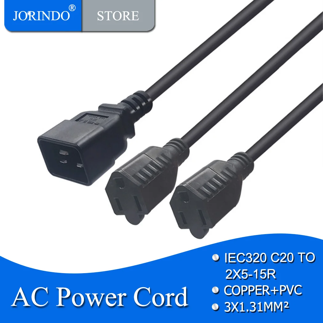 JORINDO IEC320 C20 to dual Nema 5-15R power adapter, C20 male to 2 × American standard three holes Y splitter power cord cable