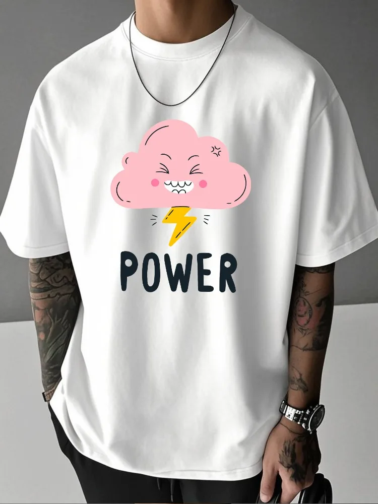 Men Summer Casual T Shirt Cute Pink Cloud Lightning Power Graphic Oversized Tees Loose Short Sleeve Tops Street Daily Wear