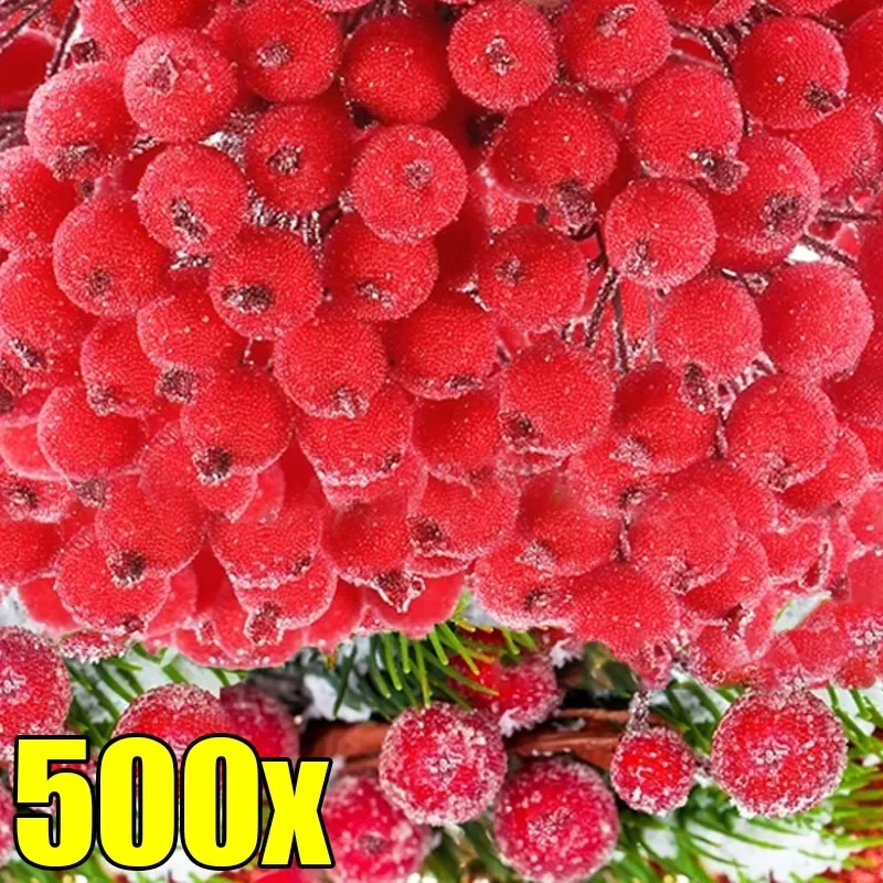 500/20Pcs Artificial Holly Berries Christmas Mini Frosted Berry Stamen Double Head Fake Berries for Wreath Xmas Party Decoration