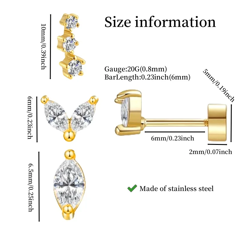 2 Pcs Hypoallergenic Tiny 20G Stainless Steel Stud Earrings for Women, Dainty CZ Cartilage Conch Helix Ear Piercing Jewelry Gift