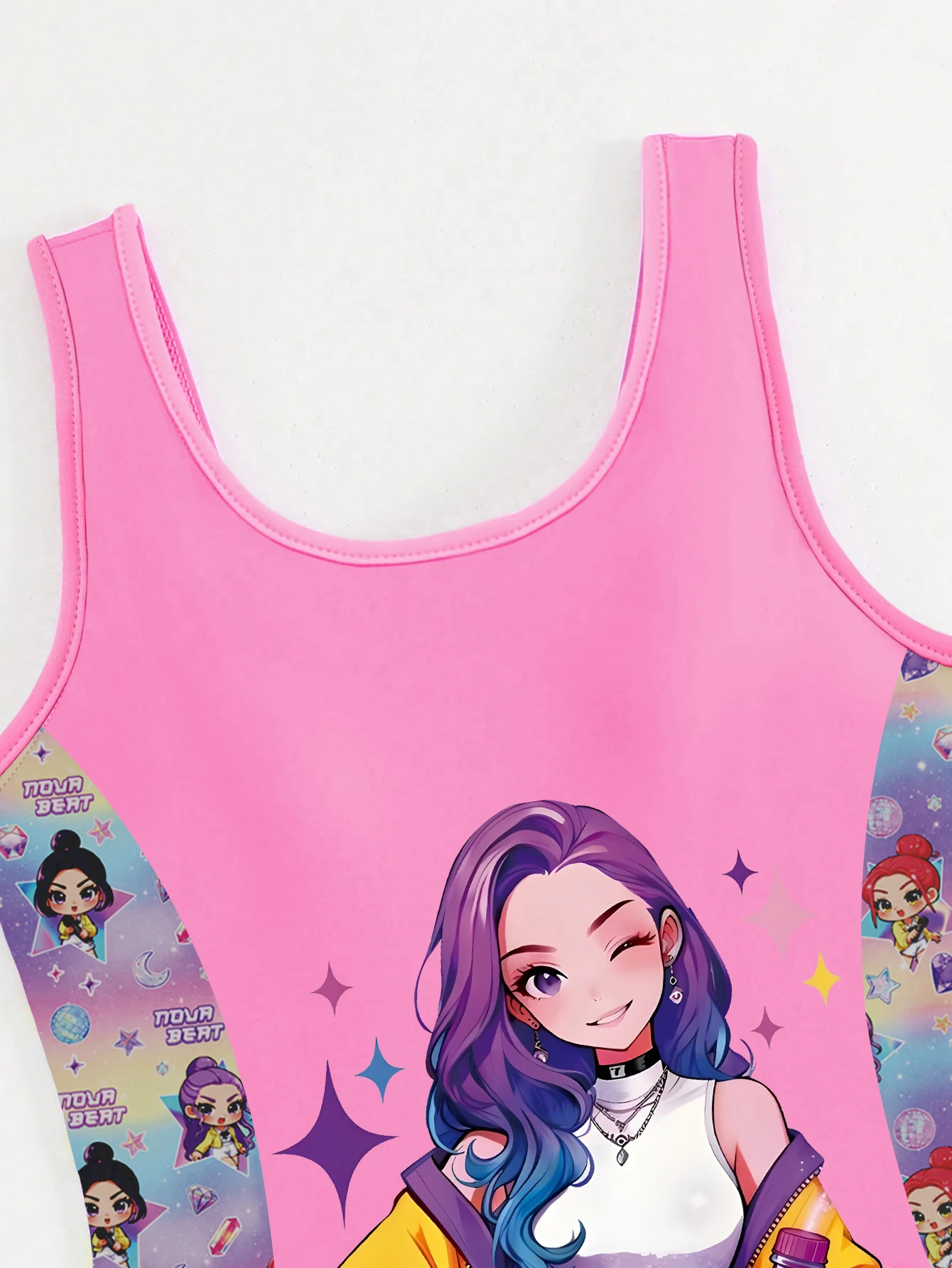 Süßer und cooler zweiteiliger Badeanzug für Mädchen, Farbverlauf in Rosa und Lila mit Cartoon-Idol-Print, Badebekleidung im Tank-Top-Stil mit Shorts – Detail 5