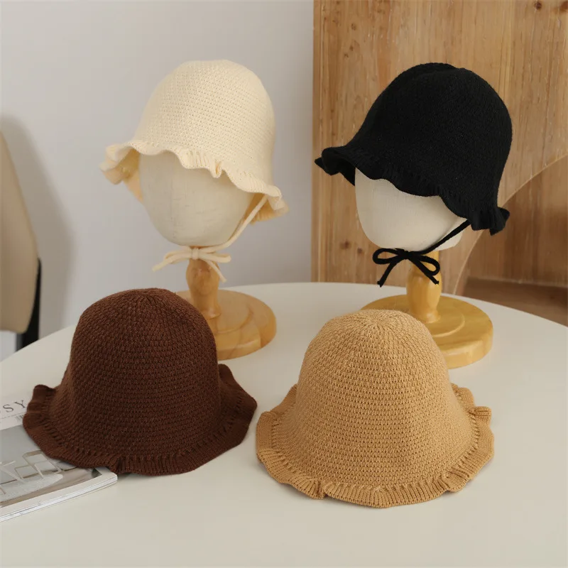 

Детская вязаная рыбацкая шапка с рюшами и полями, однотонная шерстяная шапка для бассейна, свитер для девочек от 2 до 6 лет, зимние теплые детские шапочки