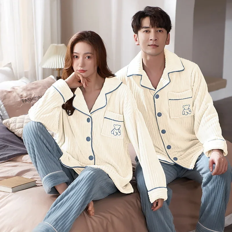 Women Pajamas Men Flannel Sleepwear Winter Thicken Couples Cardigan Pyjamas Coral velvet Soft Pijamas Suit Mujer Hombre Pyjamas