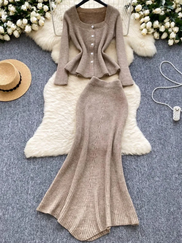 Fashion Women Casual Knitted Skirts Suit Elegant Solid Square Collar Tops Midi Mermaid Skirt Two Pieces Set Female New Outfits