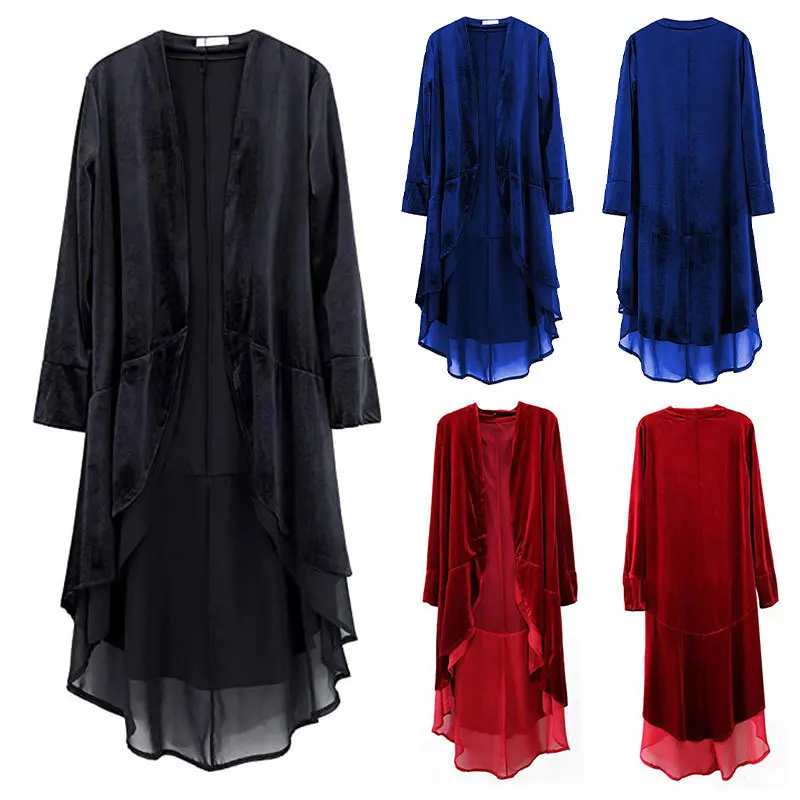 

2022 Foreign Trade Cross Border Women's Fashion Front Open Velvet Cardigan Coat Asymmetric Chiffon Hem Spot