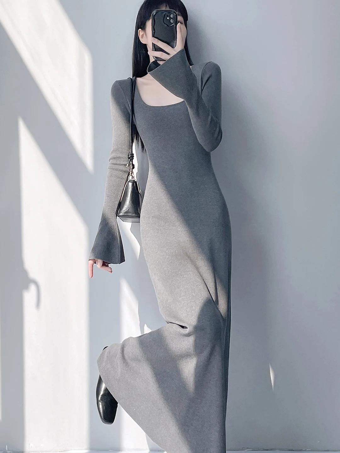 

Kardaian Sle Long Sve Knitted Dr Women's Slim Fit A-Line Floor-Length ay Base Dr Square Collar Comfortable Skirt