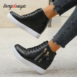 Platform trainers women high top sneakers hidden heel double zipper leather shoes casual ankle boots for women black