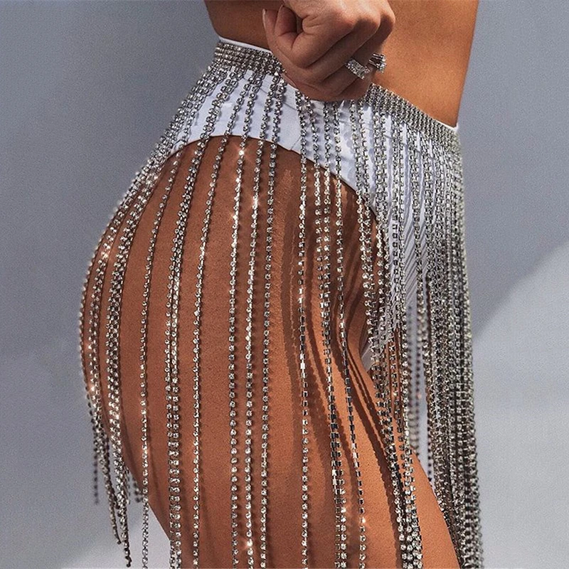 Luxury Full Rhinestone Fringe Skirt Sexy See Through Nightclub Party Mini Skirts Glitter Diamond Festival Rave Waist Body Chain