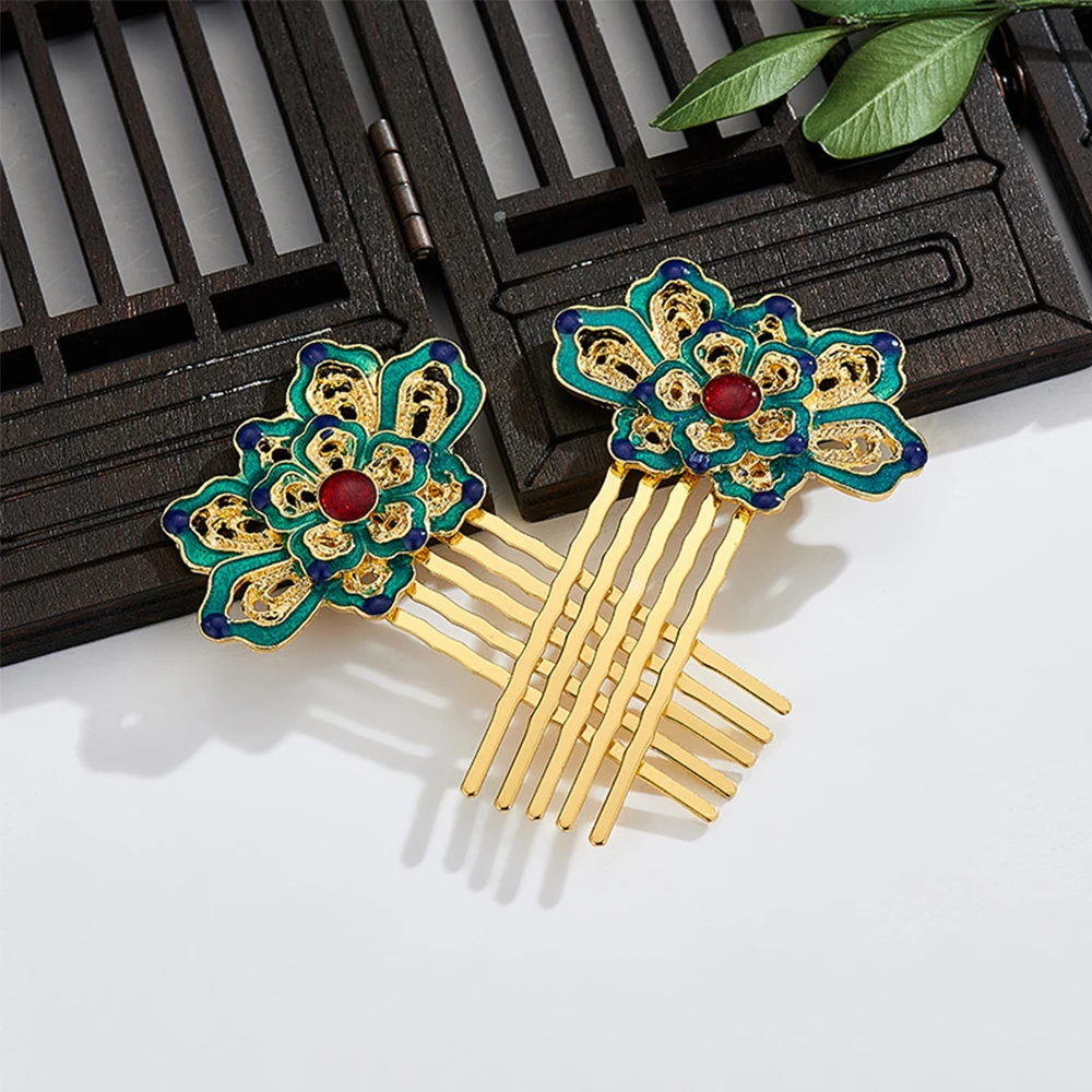 Green Wedding Classical Style Chinese Blue  Lotus Headwear Cloisonne Hair Comb Hanfu Hairpin Hair Accessories