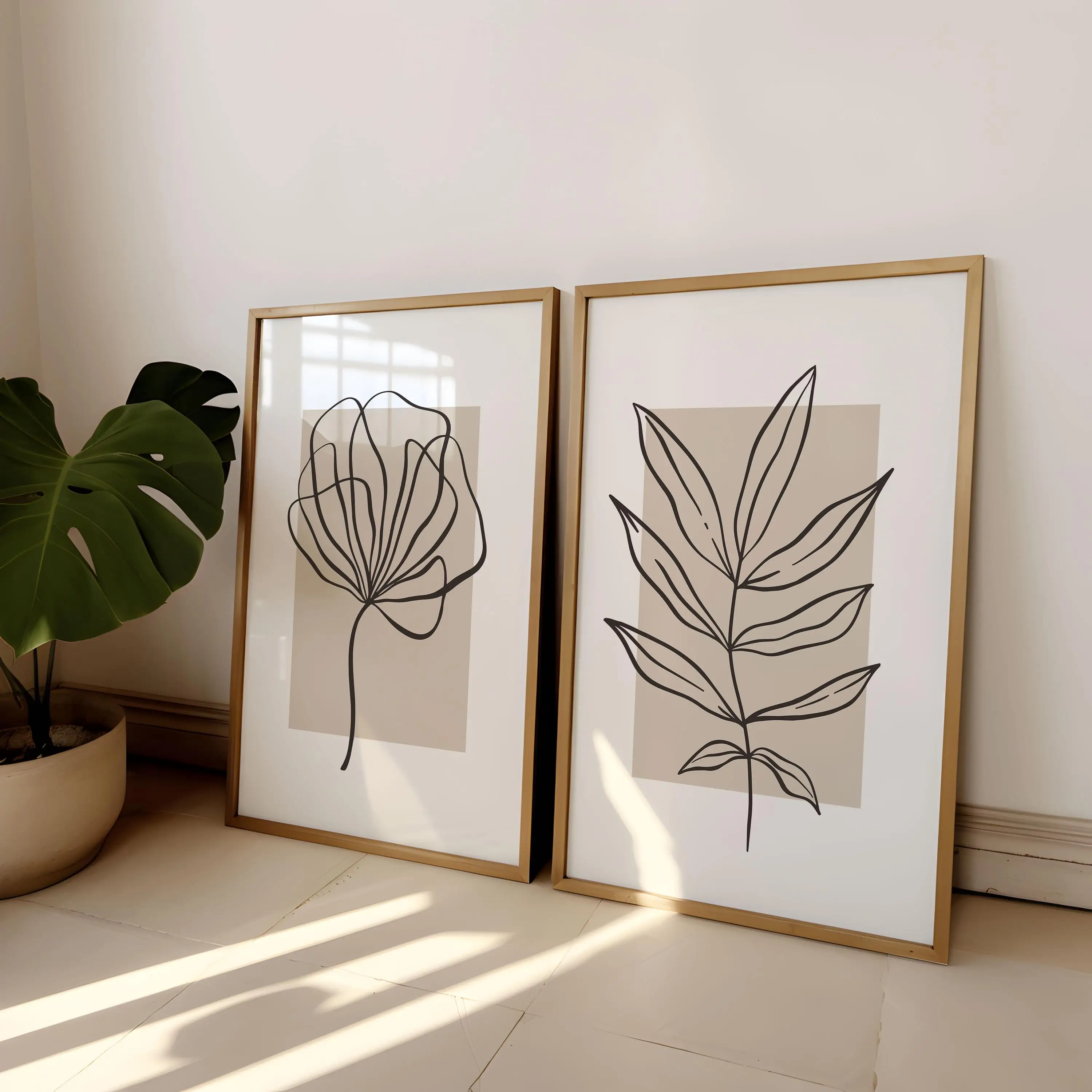2 Stück minimale Linienkunst, botanische, abstrakte beige Blumen- und Blatt-Leinwandmalerei, Drucke für moderne Schlafzimmer- oder Wohnzimmerdekoration