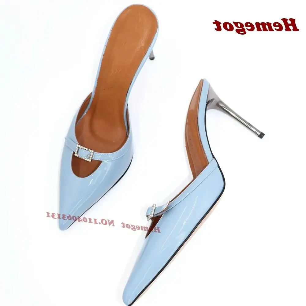

Blue Glossy Crystal Buckled Slippers Hollow Out Pointed Toe Stiletto Women's Mules Side Air 2026 New Patent Outside Shoes Sexy