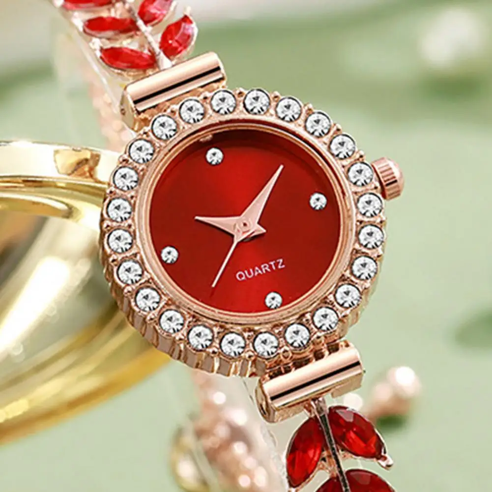 Women Watch Women Rhinestone Leaf Watch Round Dial Quartz Bracelet Formal Dress Wristwatch Fashion Jewelry Accessory for Ladies
