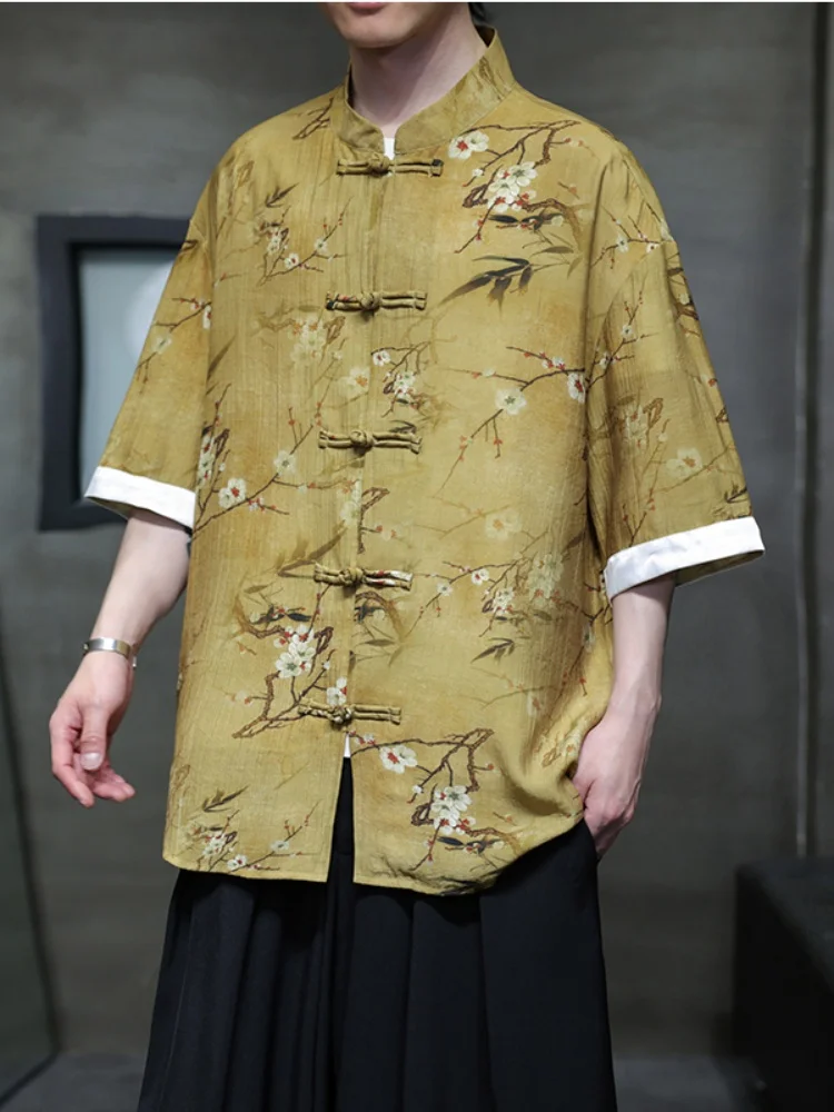 

Men's ort Sve irt Summer New Chinese Sle Faion Tang Suit Hanfu Retro Button up Top Loose Fit Printed Breathable Th...