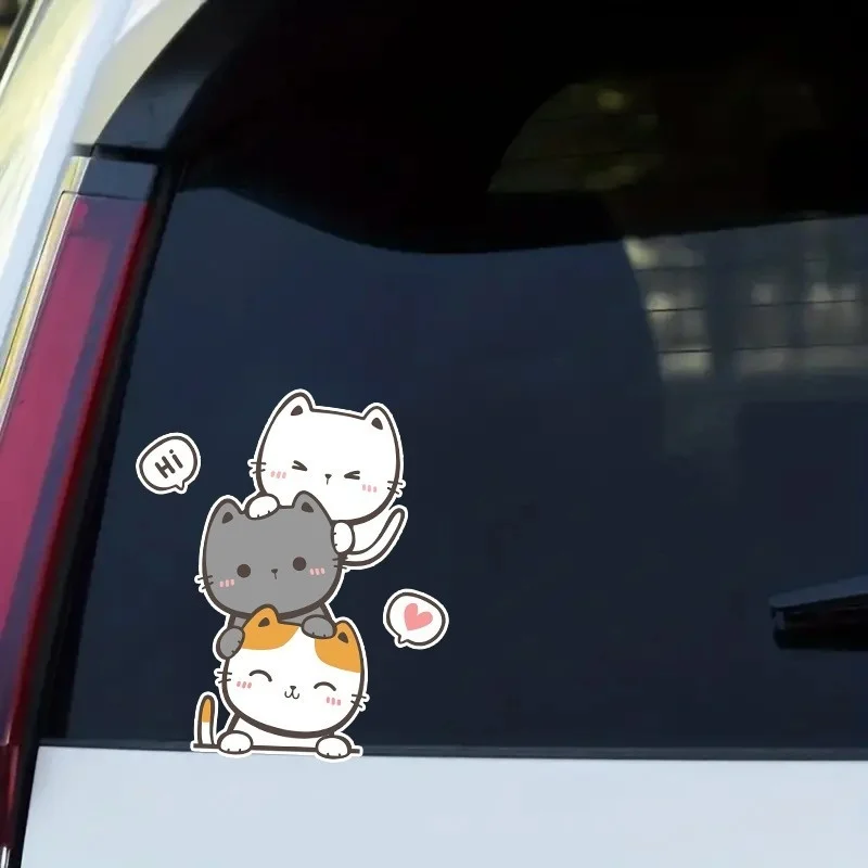 1Pc 2D Flat Cute Stacked Three Cats Waterproof Self-adhesive Vinyl Sticker For Car Electric Scooter Decor