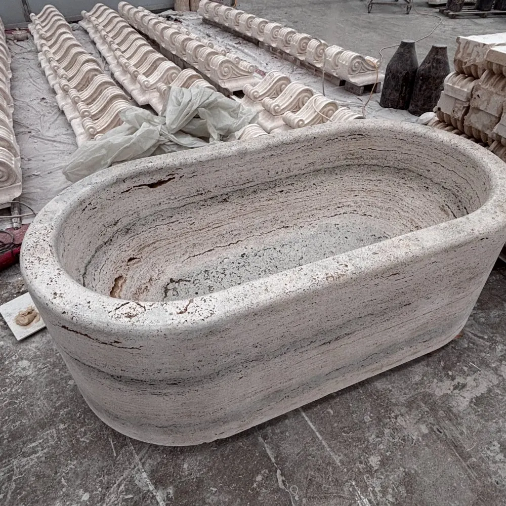 #￥Handmade Travertine Freestanding Bathtub Polished Natural Stone Soaking Tub for Bathroom Decor Modern Hotel Villa