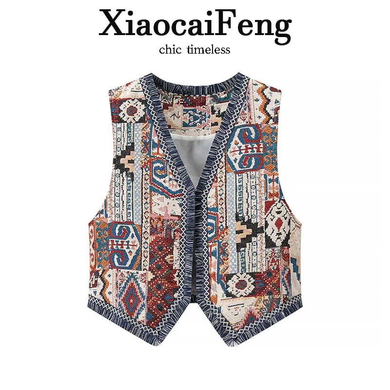 

Bohemian Embroidered Women's Vest Summer Ethnic V-neck Tassel Sleeveless Slimming Top Flowing Geometric Pattern Short Length