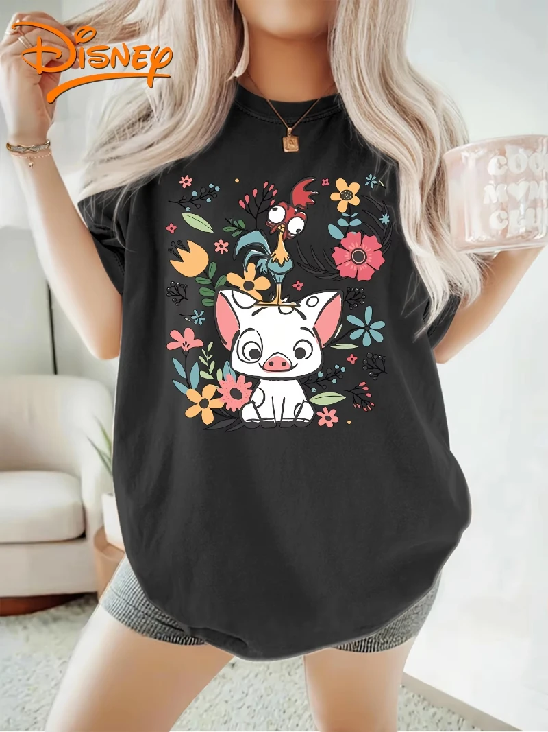 ديزني موانا خنزير صغير و Hei Hei الأزهار تي شيرت خمر المرأة الرجال القطن تيز قصيرة الأكمام س الرقبة عادية المتضخم فضفاض القمم #1