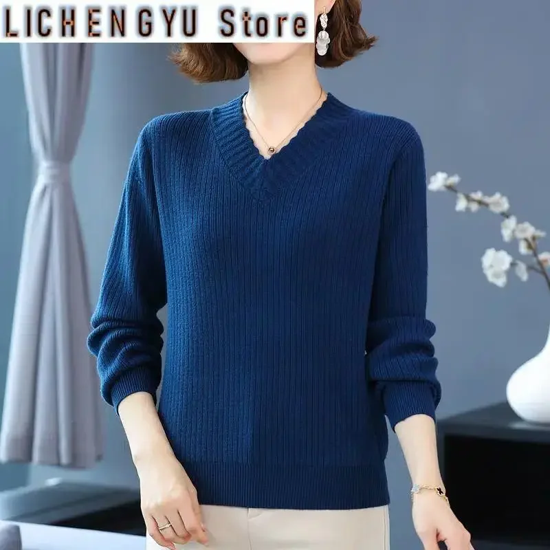 V-Neck Solid Color Women's Clothing Pullover Long Sleeve Sweater Casual Knitted Fashionable Autumn Winter Screw Thread Tops