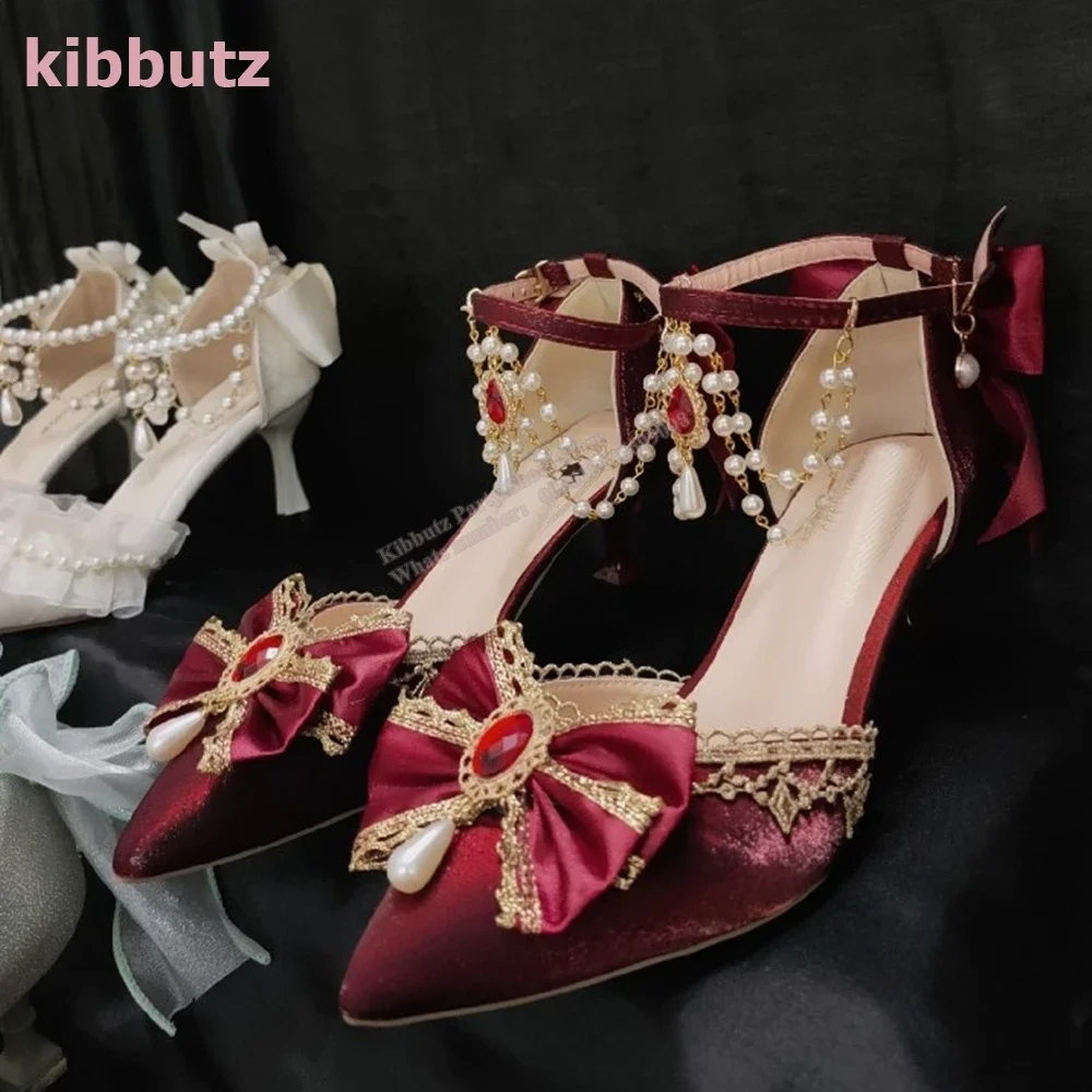 크리스탈 보우 진주 펌프 벨벳 포인티드 토 얇은 힐 체인 라인석 단색 패션, 우아한 럭셔리 섹시 여성 신발, 신상