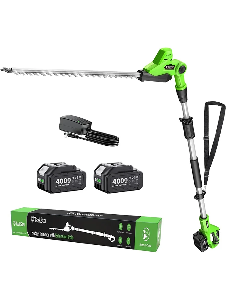 TaskStar Kabelloser Hochreichender Heckenschneider 20 Zoll Doppelklingen-System 8 FT Elektrische Heckenschere mit 2er-Pack 4000mAh Akku Busch- und Strauchschneider