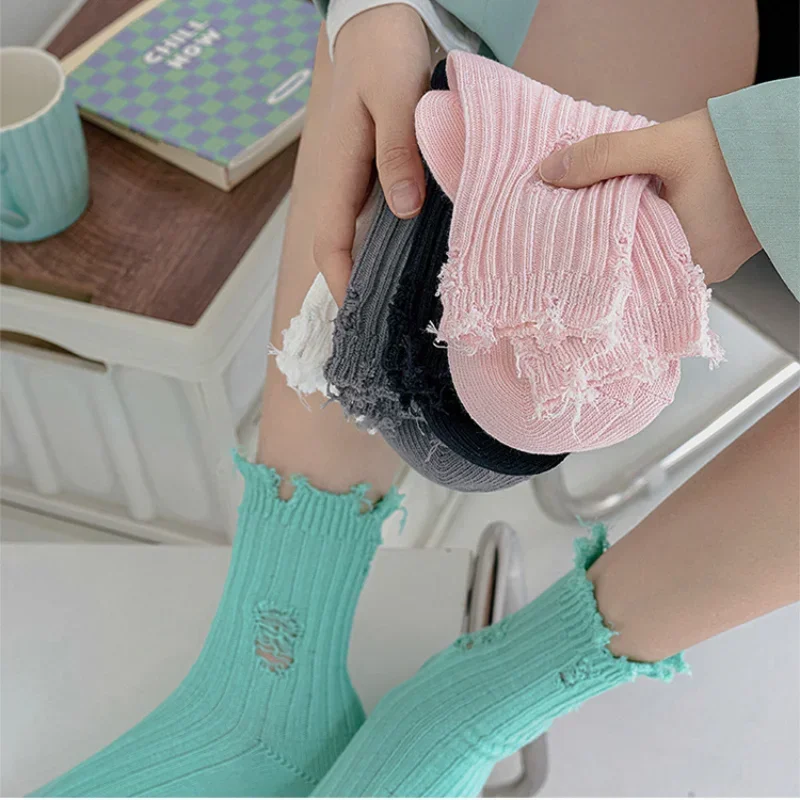 Fashion Harajuku Street  Socks Broken Hole Beggar Medium Tube Autumn Winter Cotton Pile Socks Hip-Hop Skateboard Cotton Socks