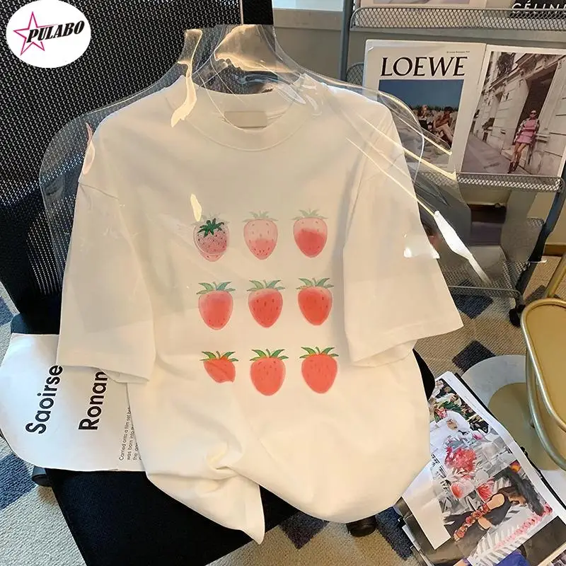 PULABO Y2k Aesthetics T-shirt Grunge Strawberry Print Harajuku Graphic Tee Shirt Korean Fashion Oversized Tops Short Sleeve