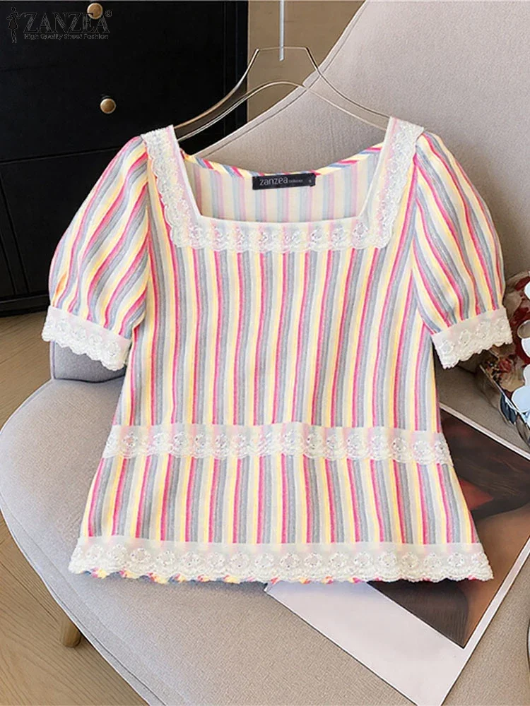 ZANZEA, Blusas a rayas para Mujer, moda elegante de encaje con retazos, cuello cuadrado, manga abombada, Blusas para Mujer, ropa de día, Tops tipo bata de verano