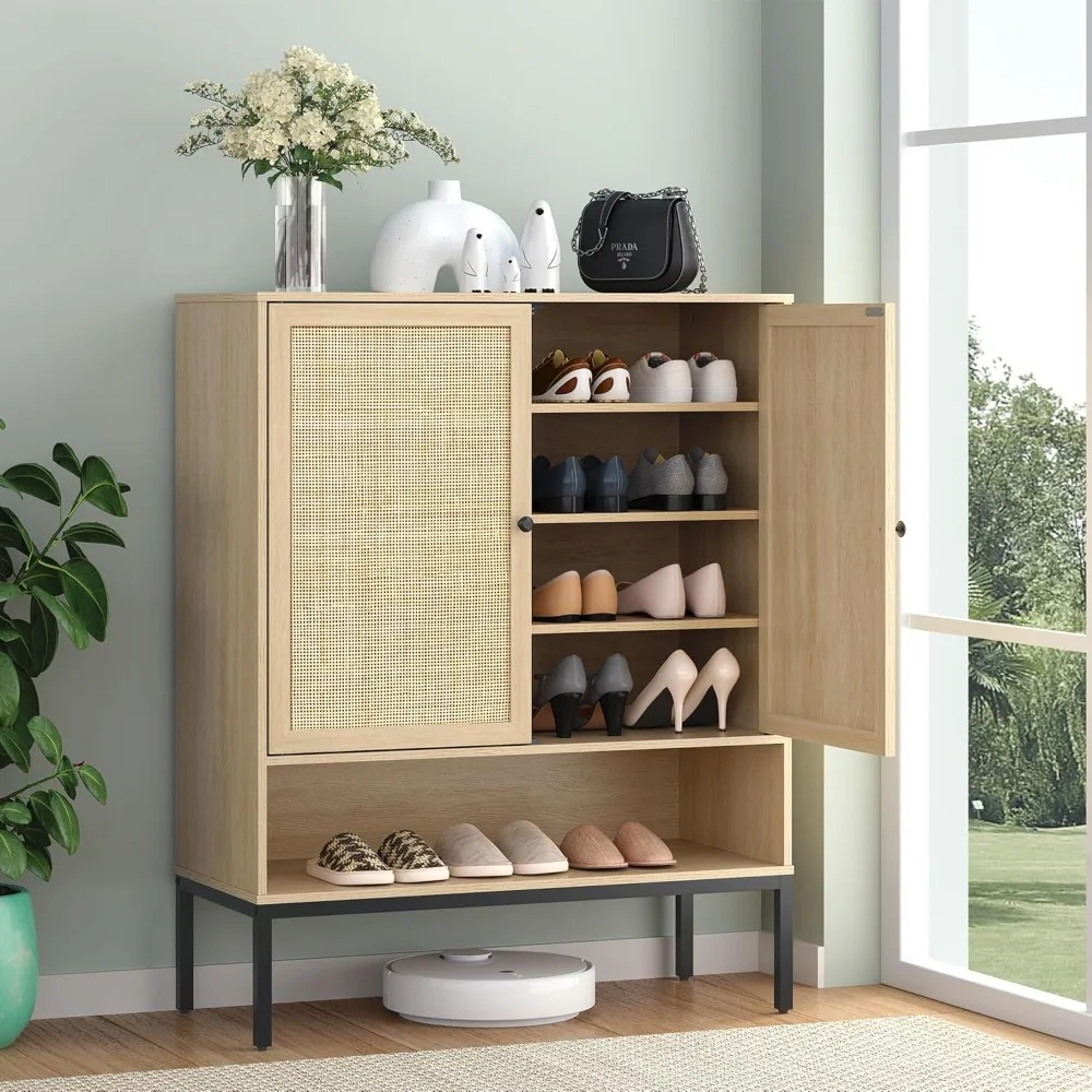 

Natural Rattan Shoe Cabinet, 5-Tier Shoe Rack Storage Organizer with Doors, Metal Legs, Entryway Shoe Cabinet for Modern Heels