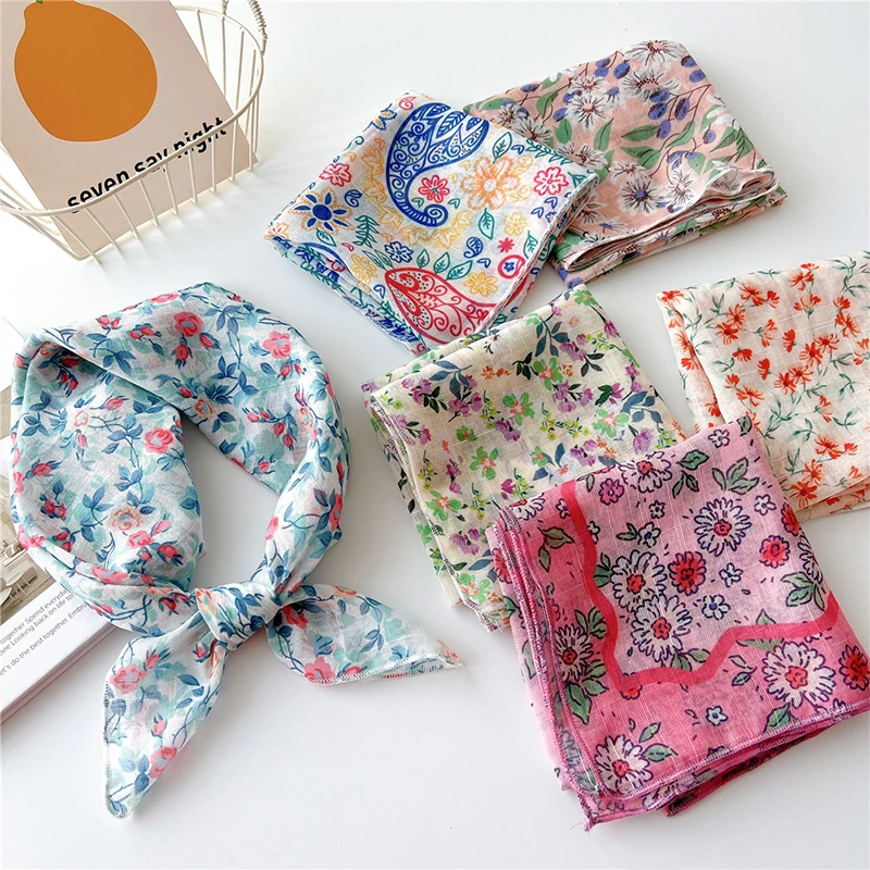 2024 New Small Suapre Silk Scarf Flower Neck Scarves Hair Band Women Cotton Linen Headband Neckerchief Hijab Shawl 58x58cm Soft