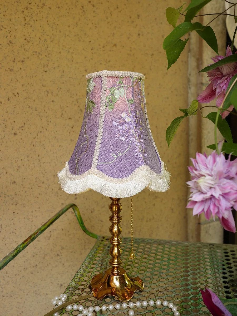 {Woody wisteria} Chinese style retro bedside table lamp Purple traditional handmade cloth lamp shade Bedroom study table lamp