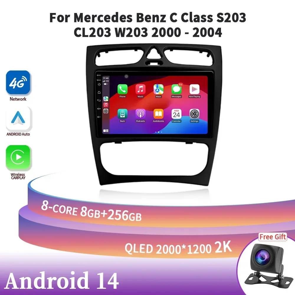 

Car Radio Multimedia Navigation Wireless Carplay Head Unit Android 14 For Mercedes Benz C Class S203 CL203 W203 2000-2004 2DIN