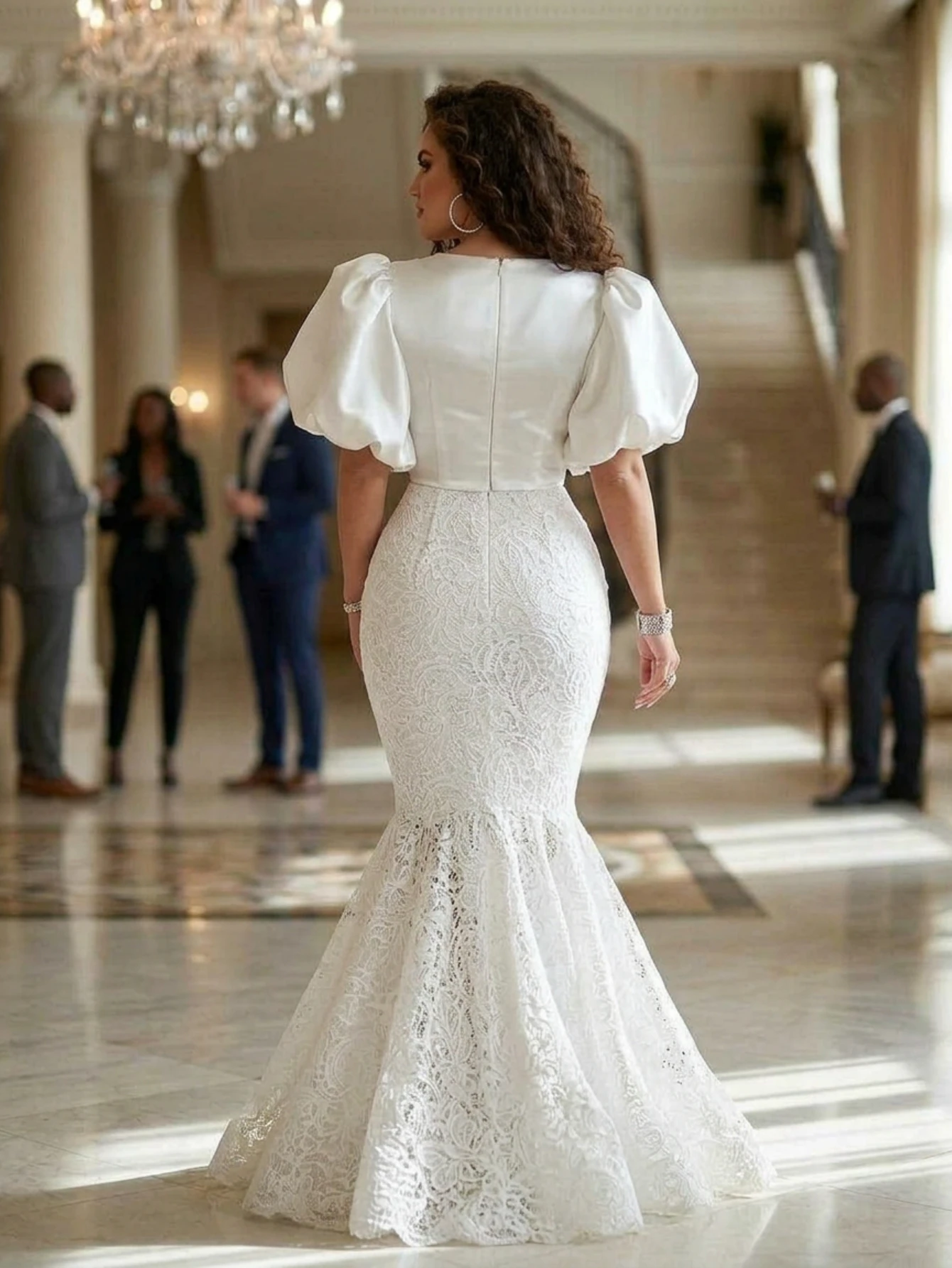 Rundhalsausschnitt, Puffärmel, Spitze, Meerjungfrauen-Maxikleid mit Schleppe, Brautkleid für Hochzeit, Abendveranstaltungen, formelle Anlässe