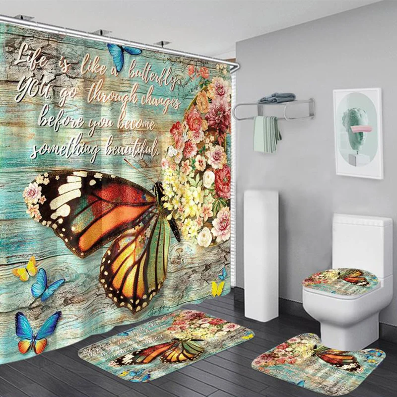 Butterfly Flower Printed Bathroom Shower Curtain Set Waterproof Shower Curtain Anti-skid Rugs Carpet Toilet Lid Cover Bath Mat