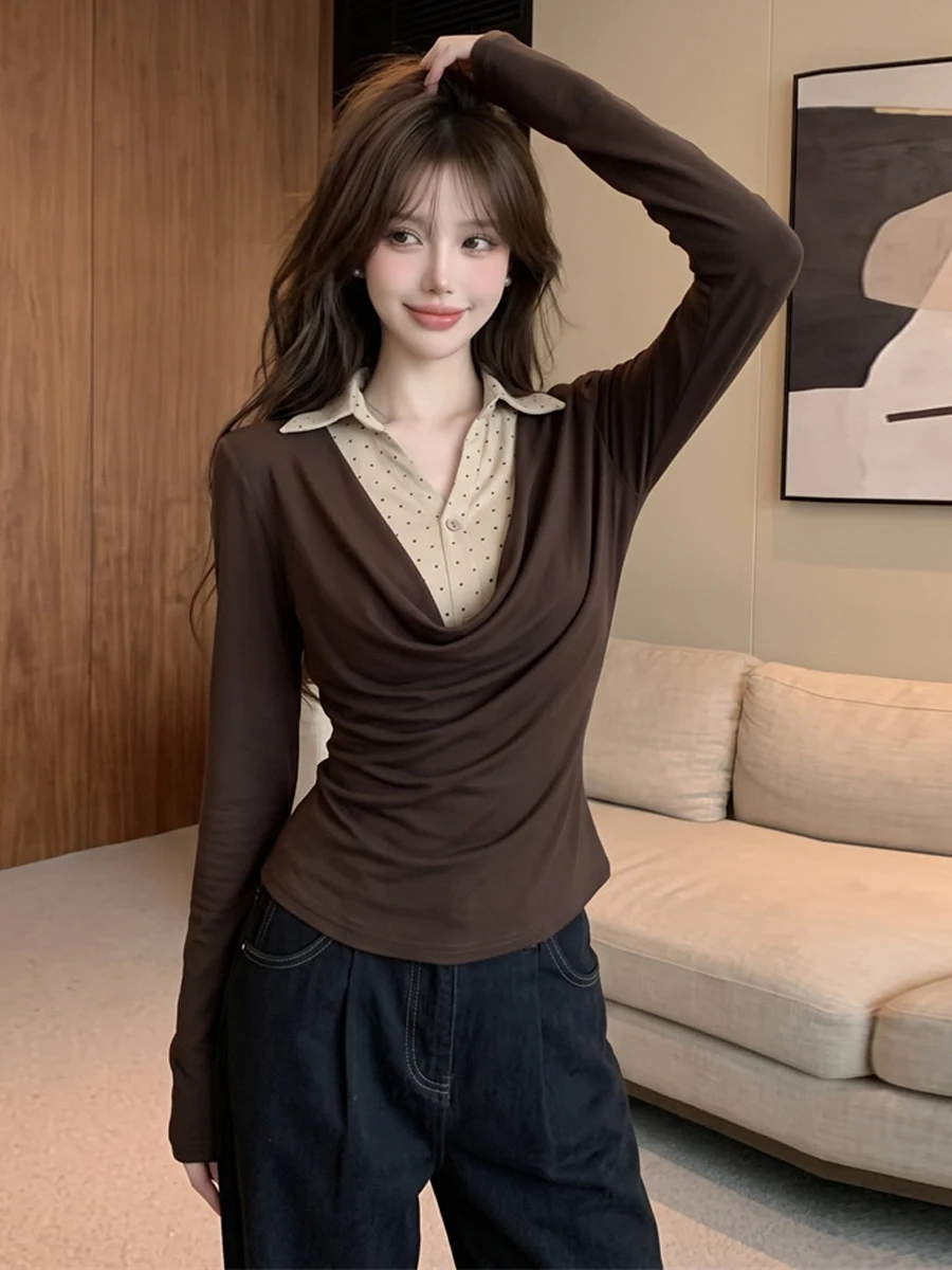 Slimming Effect Casual Long Sleeve T-Shirt Women's High Waist Folded Hem Vintage Style City Walk Daily Wear Polyester Fiber