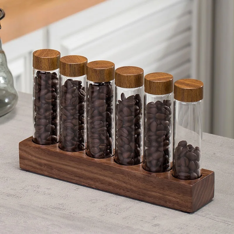 Coffee Beans Storage Container Tube Glass Display 6/12 Tubes Single Dose Coffee Accessories Tool Cellars with Wooden Stand