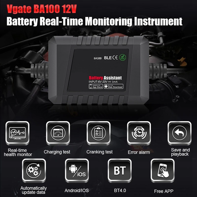 1 Piece BA100 Car Battery Tester Battery Assistant Bluetooth 4.0 Wireless Monitor Diagnositic Analyzer For Android & IOS