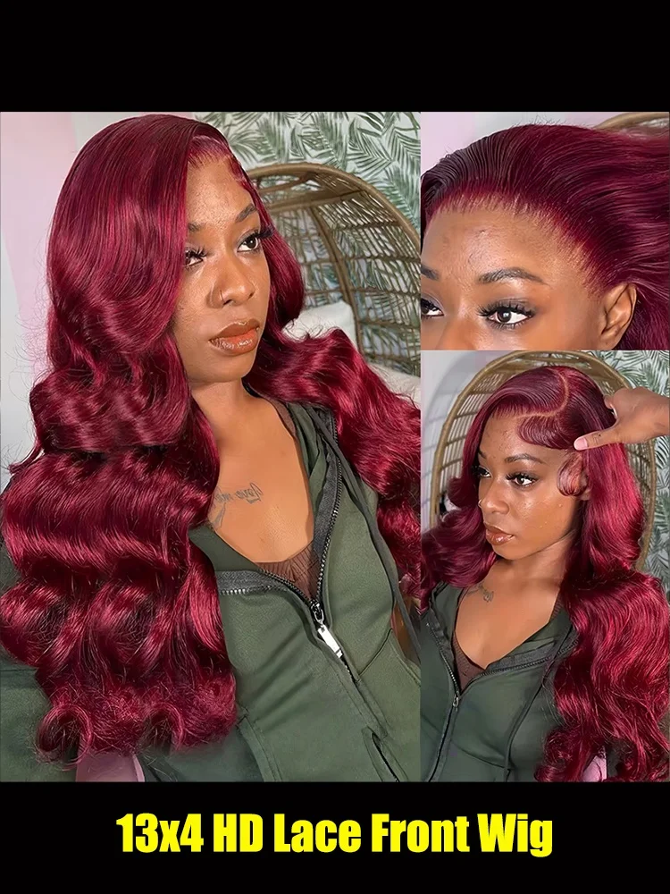 200 الكثافة 99J بورجوندي الجسم موجة 13x6 hd الدانتيل أمامي باروكة من شعر طبيعي أحمر ريمي ملون 13x4 HD الدانتيل الجبهة الباروكات 100% شعر الإنسان