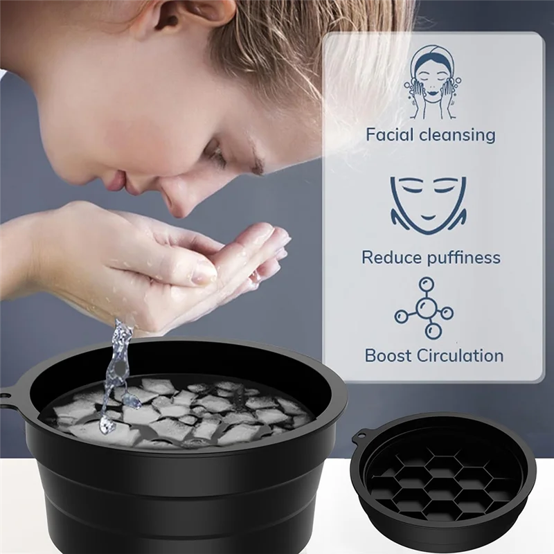 ABDJ-Face Bowl For Ice With Built-In For Ice Tray, Collapsible Silicone Bath Bowl For Cold Plunge Therapy Black