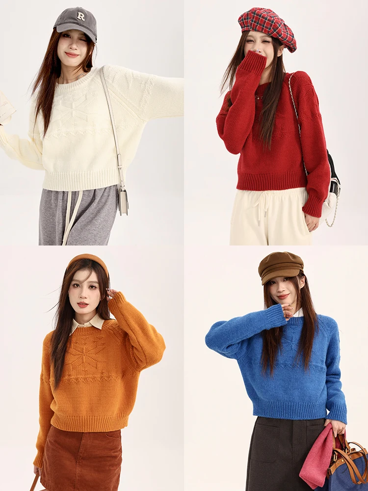 

Pure Color 3D Knitted Sweater Women's round Ne Pullover Soft Slimming Top Yang Bubble Commute Sle Acrylic Blend Long Sve