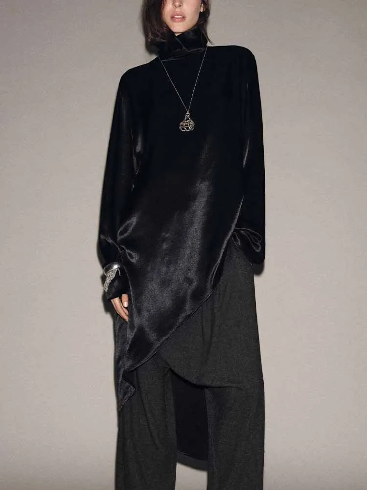 

European and American style winter new arrivals fashionable and simple women's high-neck asymmetrical long top