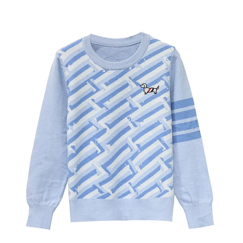 Maglieria da donna con ricamo a righe per cani, girocollo, pullover a maniche lunghe, maglioni azzurri e blu royal all'ingrosso