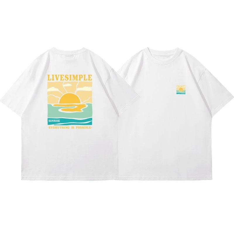 Rare West Coast Impression Sunrise Oversize Short Sleeve Summer New American Multi-color Outdoor Neutral Pure Cotton Half Sleeve
