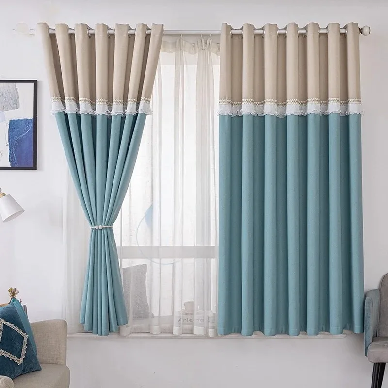 Chinese Style Nordic Simple Curtains for Bedroom Living Room Window Solid Color Splicing Blackout Sunshade Ready-Made Drapes